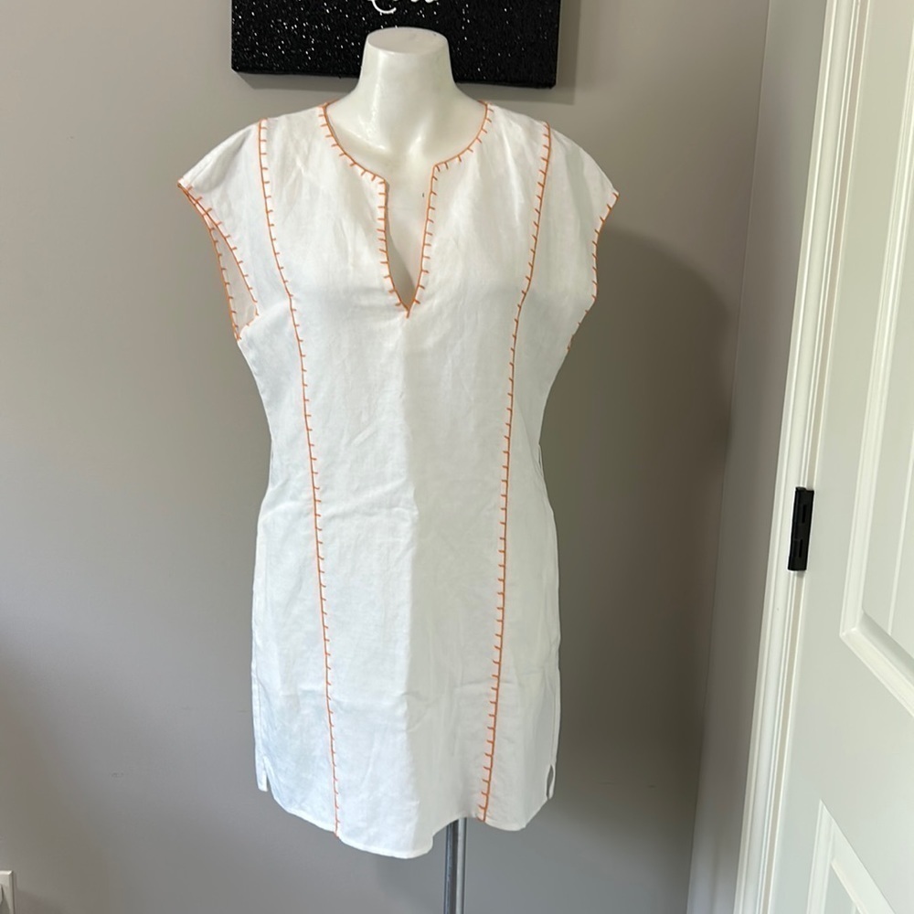 Tory Burch Short Tunic Linen Swim Cover Up White Orange Relaxed Fit Mini Sz S